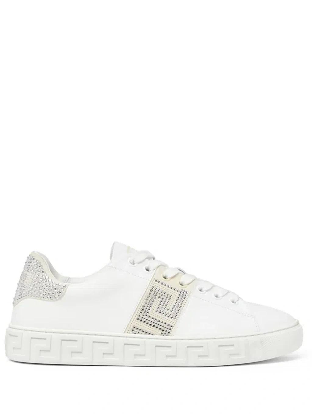 White Crystal Greca Leather Sneakers In Bianco Product Image