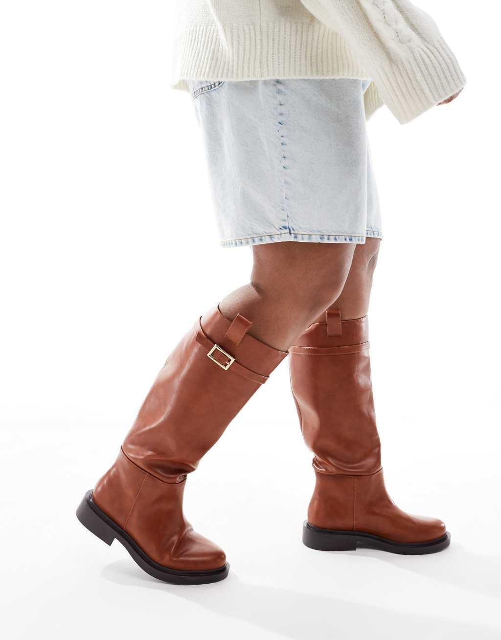 ASOS DESIGN Curve Callie smart flat riding knee boots in tan Product Image