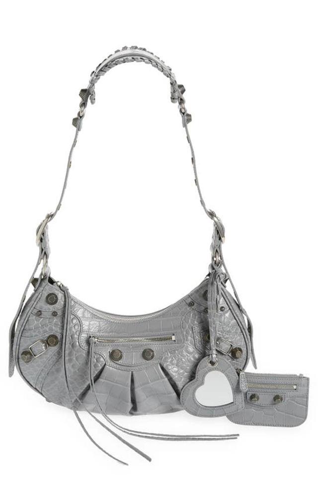 BALENCIAGA Le Cagole Small Metallic Croc Embossed Leather Shoulder Bag In Grey Product Image