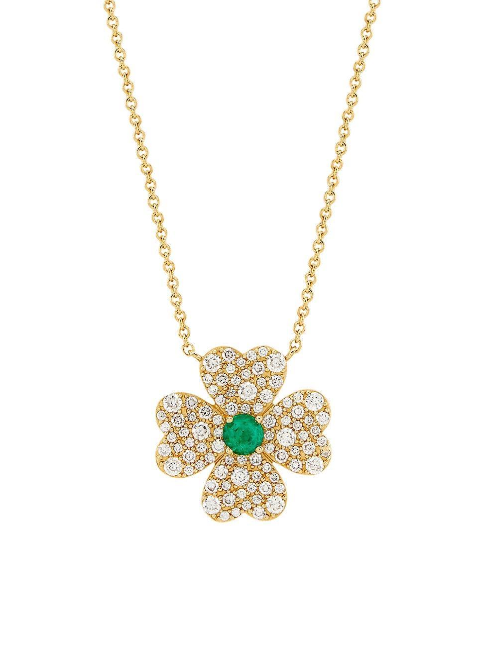 Womens 14K Yellow Gold, 0.4 TCW Diamond & Emerald Four-Leaf Clover Pendant Necklace Product Image