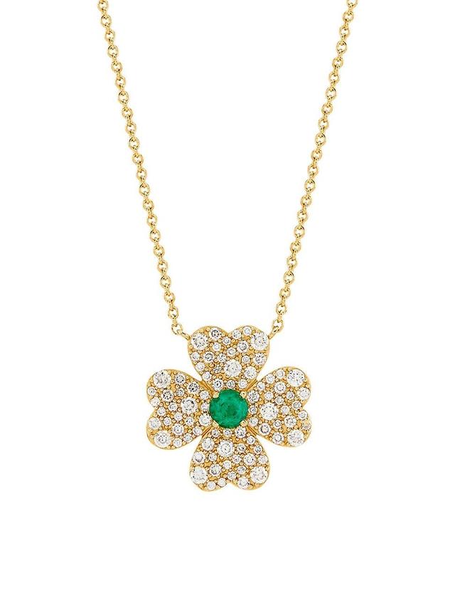 Womens 14K Yellow Gold, 0.4 TCW Diamond & Emerald Four-Leaf Clover Pendant Necklace Product Image