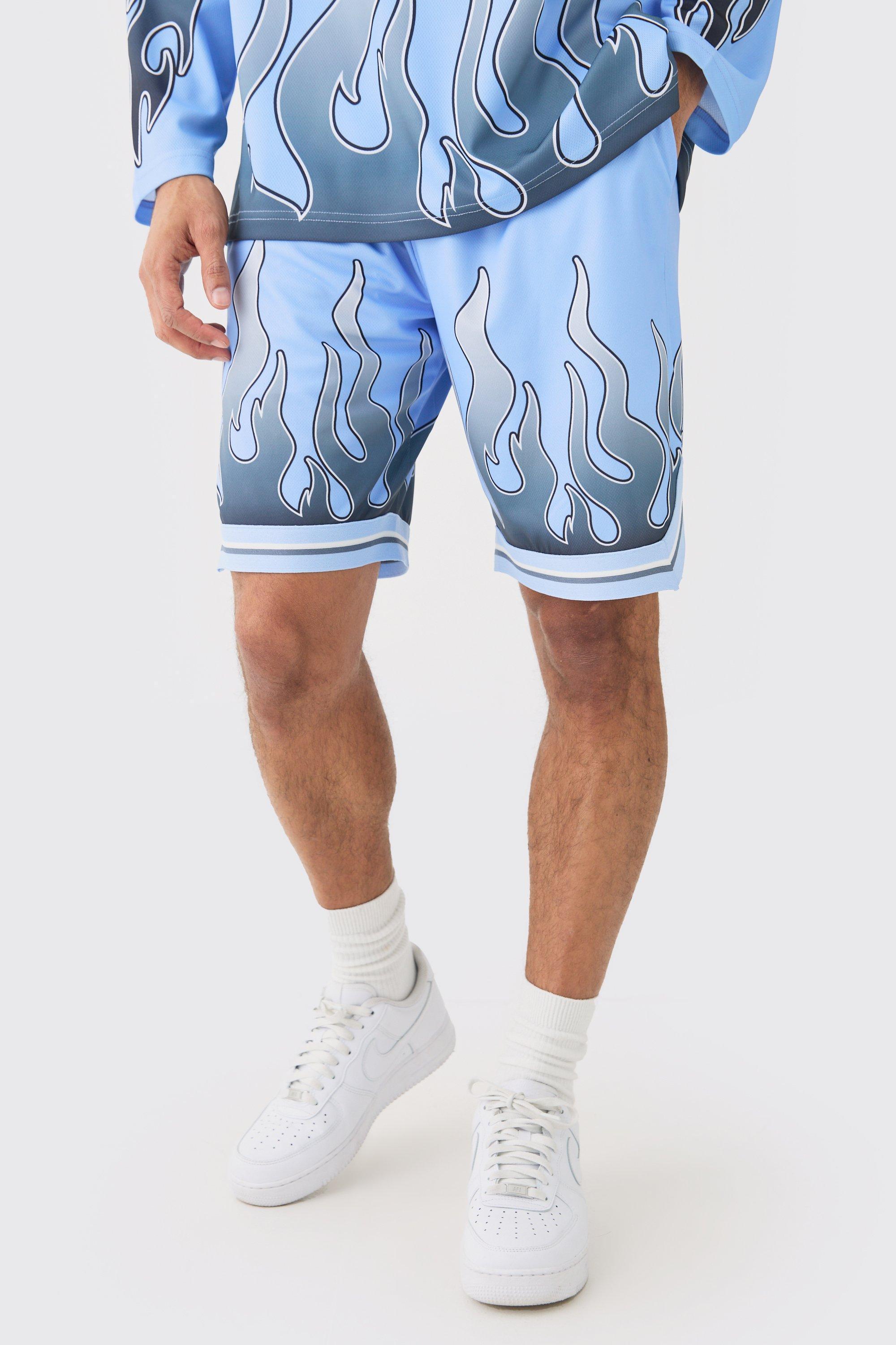 Flame Graphic Mesh Basketball Shorts | boohooMAN USA Product Image