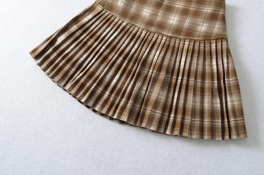 High Waist Plaid Mini Pleated A-Line Skirt Product Image