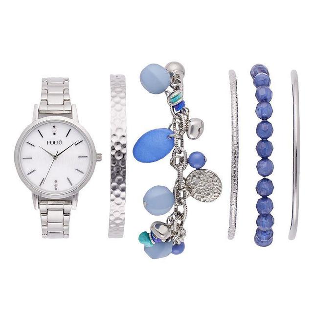 Folio Womens Silver Tone Watch & Blue Stackable Bracelet Set Product Image