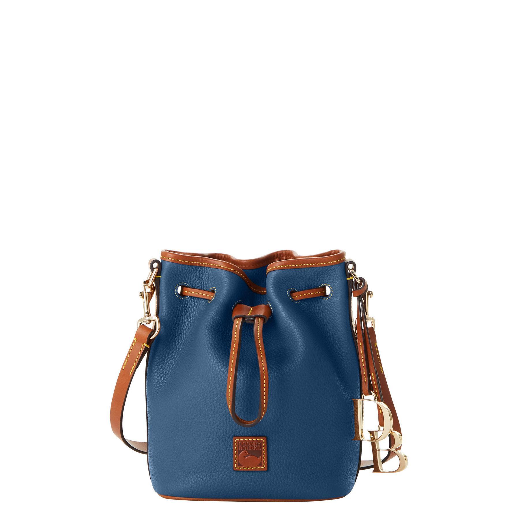 Dooney & Bourke Womens Pebble Grain Small Drawstring Leather Crossbody Bag in Jeans Product Image