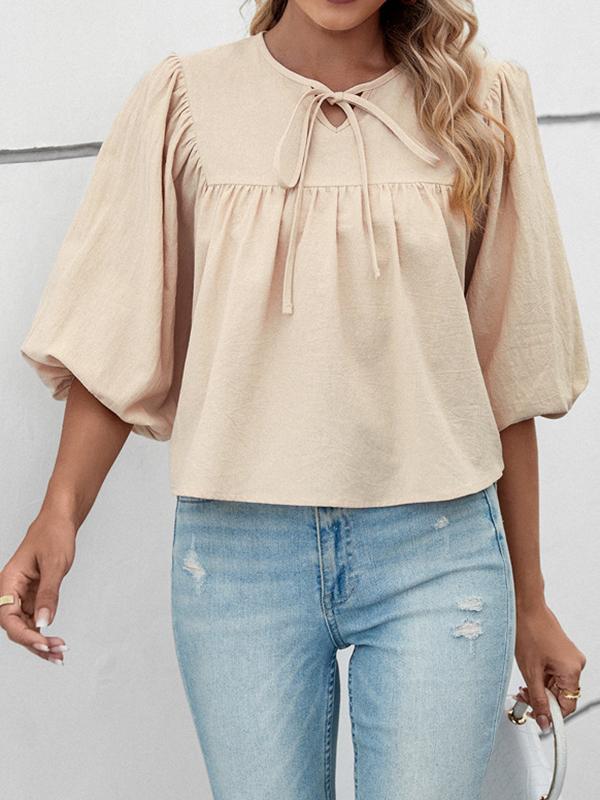 Half Sleeves Loose Elasticity Pleated Solid Color Split-Joint Tied Round-Neck T-Shirts Tops Product Image