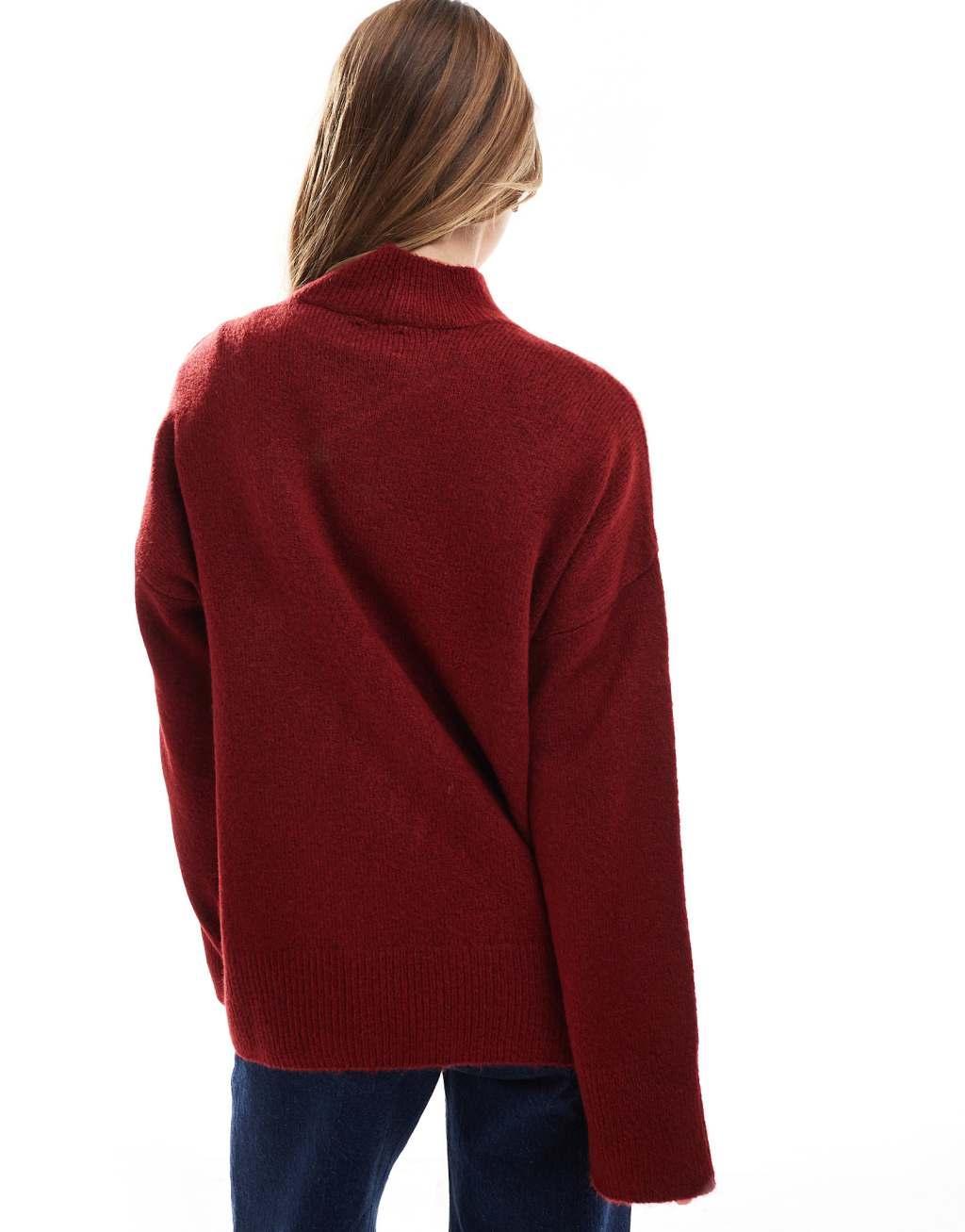 ASOS DESIGN knit high neck sweater in burgundy Product Image