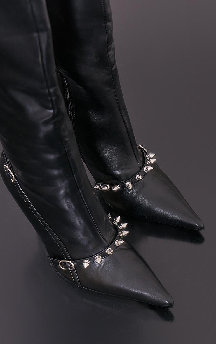 Black Spike Detail Point Toe Knee Boots Product Image