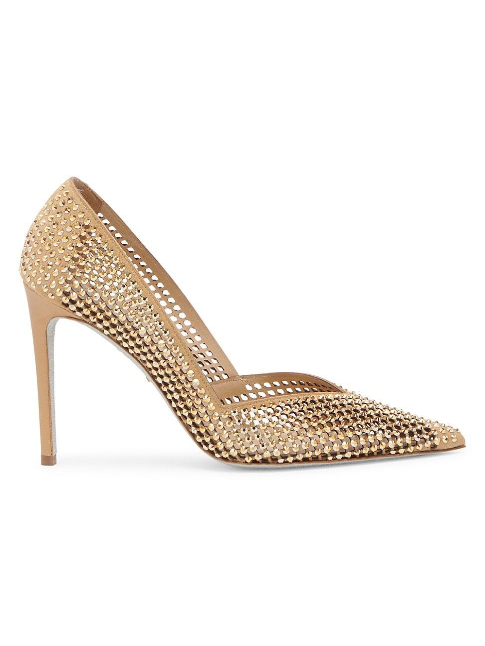 Womens Crystal-Embellished Perforated Satin Pumps product image