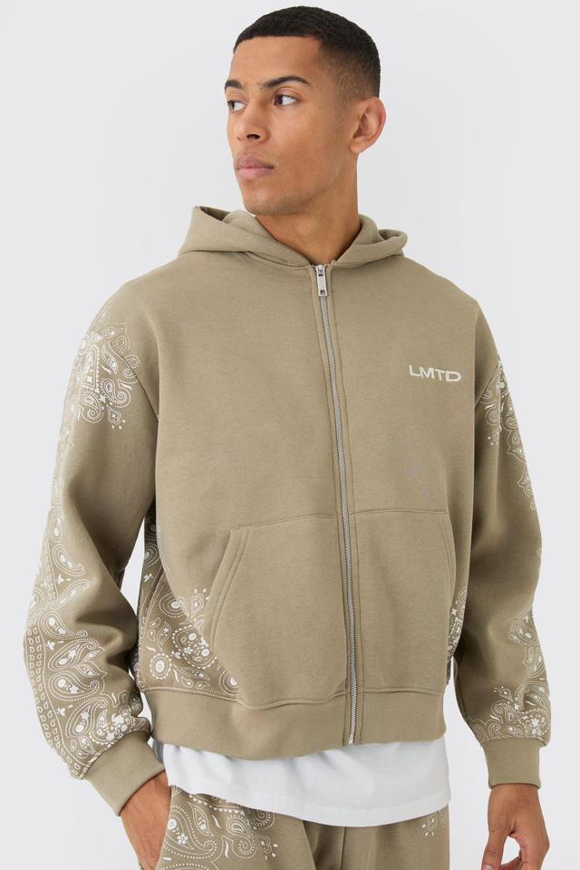 Oversized Boxy Paisley Border Zip Through Printed Hoodie | boohooMAN USA Product Image