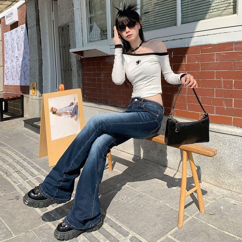 Mid Waist Washed Flared Jeans (Various Designs) Product Image