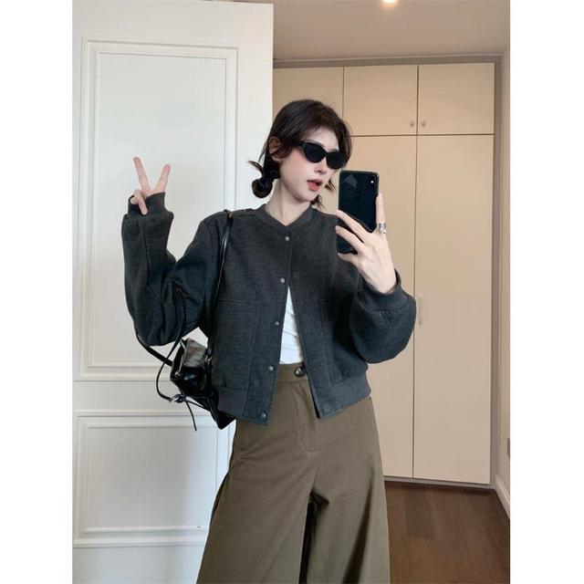 Plain Button Bomber Jacket / High Waist Wide Leg Pants Product Image