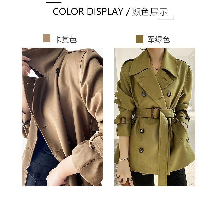 Plain  Double-Breasted Cropped With Belt Long-Sleeve Jacket Product Image