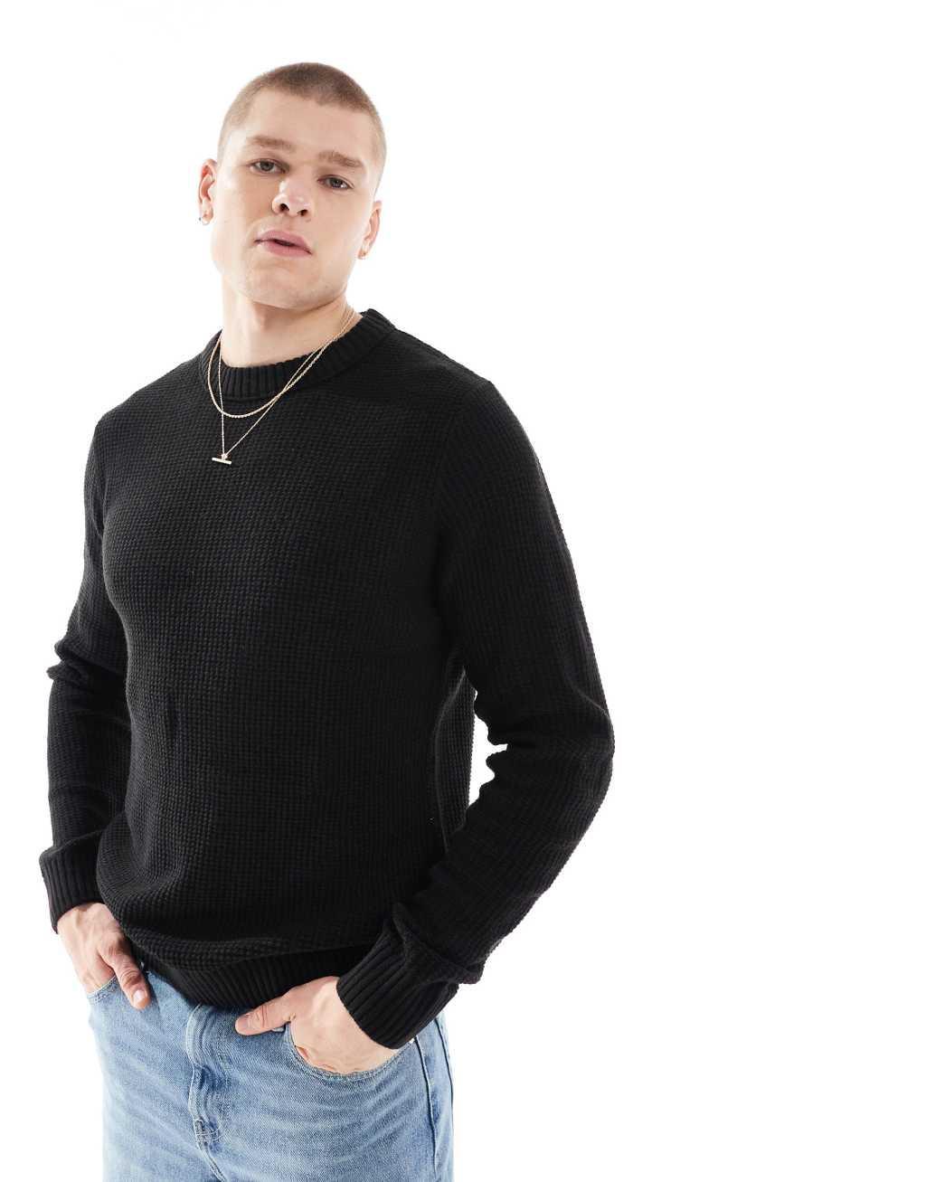 Jack & Jones textured crew neck sweater in black  product image