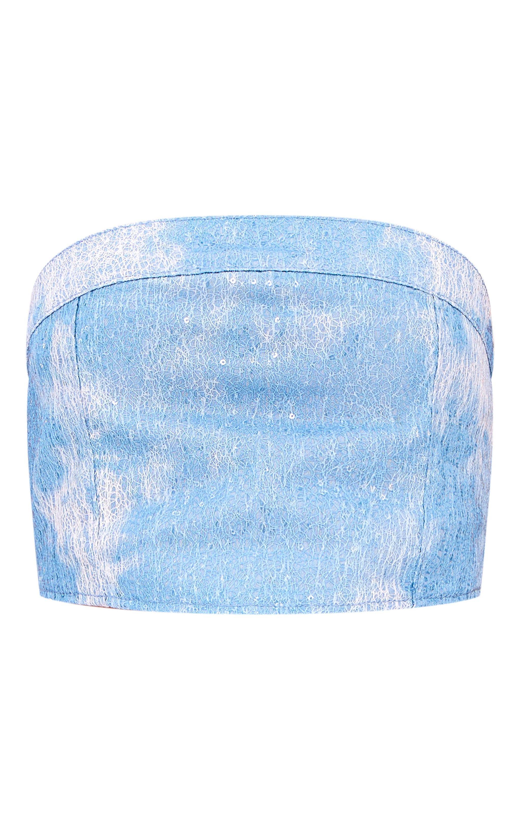 Blue Sequin Denim Textured Mini Skirt Product Image