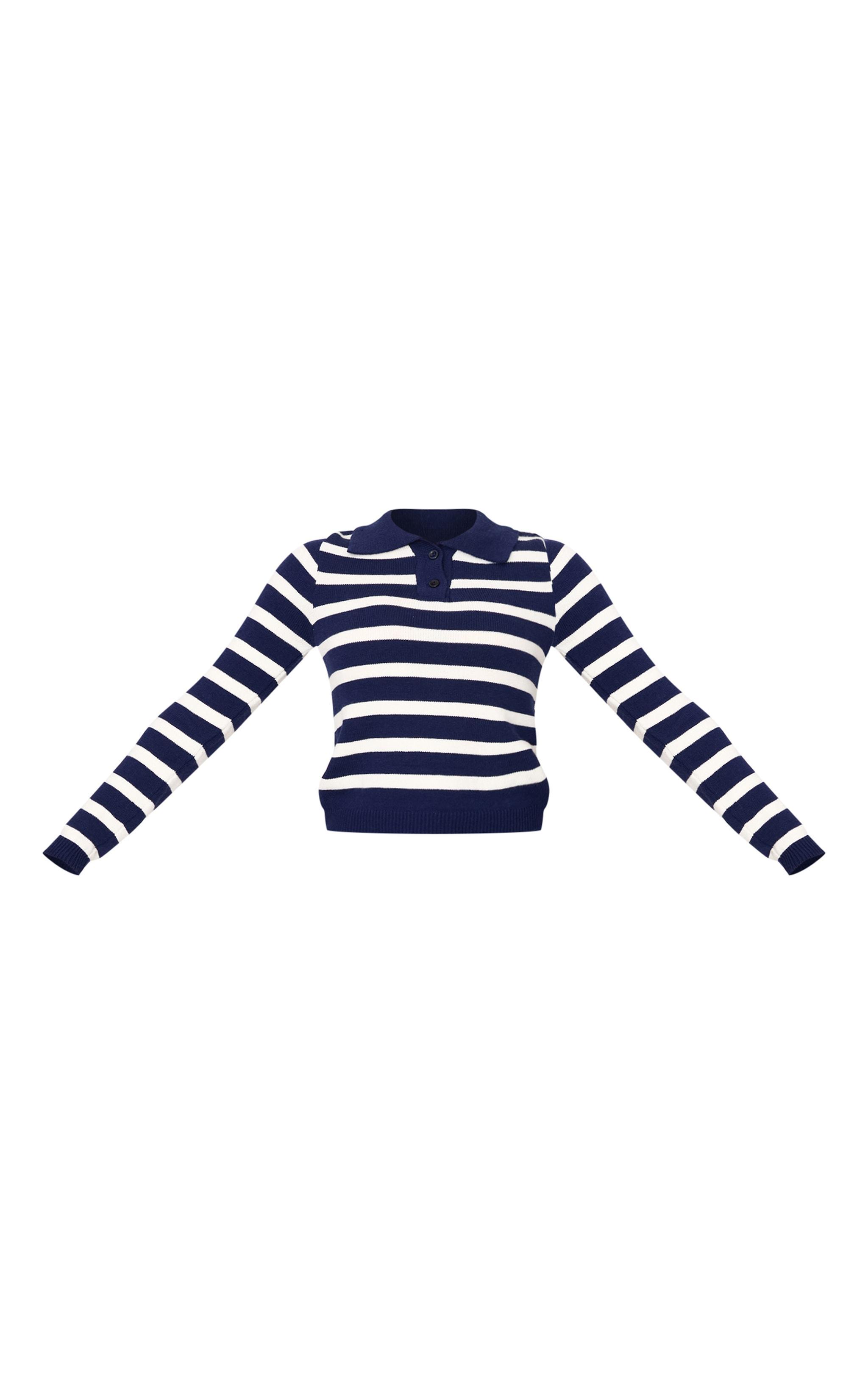 Petite Navy Knitted Stripe Collar Detail Long Sleeve Top Product Image