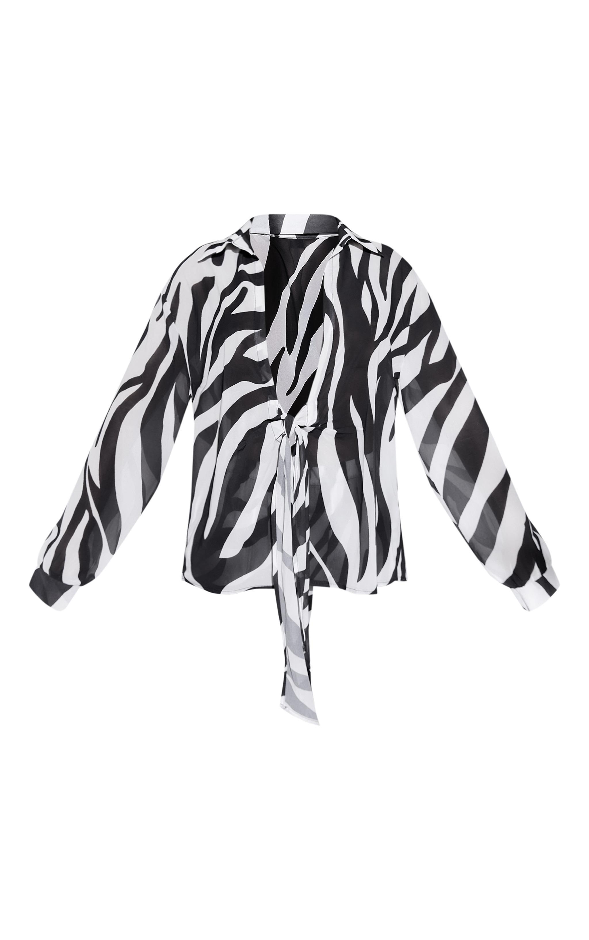 Monochrome Zebra Print Tie Front Oversized Beach Shirt Product Image