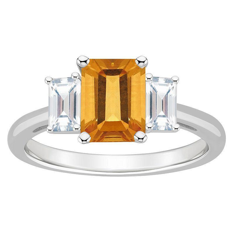 Alyson Layne Sterling Silver 8 mm x 6 mm Emerald Cut Gemstone & White Topaz Three-Stone Ring, Womens Orange Product Image