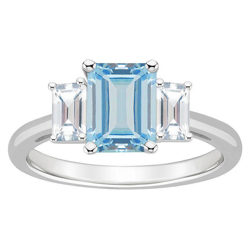 Alyson Layne Sterling Silver 8 mm x 6 mm Emerald Cut Gemstone & White Topaz Three-Stone Ring, Womens Blue Topaz Product Image