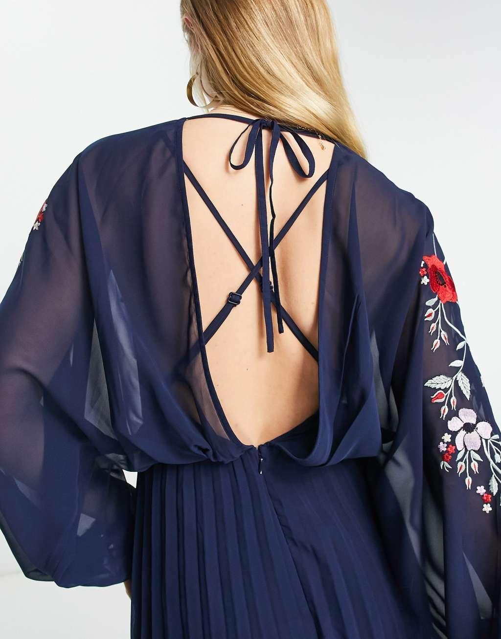 ASOS DESIGN embroidered blouson open back pleated midi dress in navy Product Image