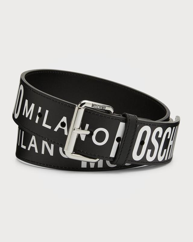 Moschino Men's Allover Logo Leather Belt - Size: 38in / 95cm - BLACK MULTI Product Image