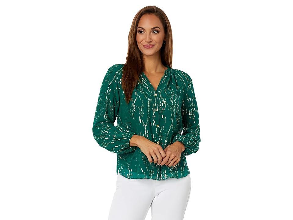 Lilly Pulitzer Saige Long Sleeve Silk Top (Evergreen Fish Clip Chiffon) Women's Clothing Product Image