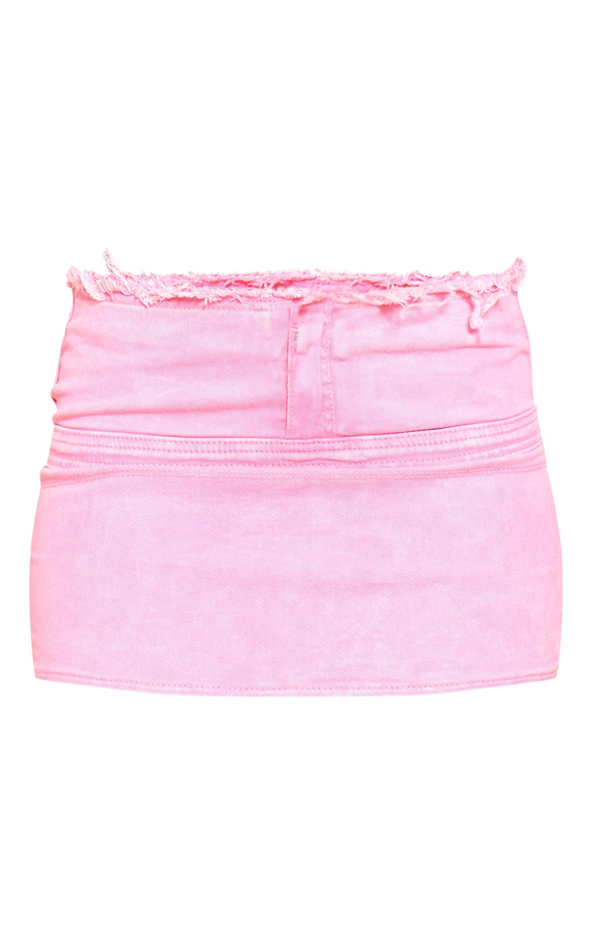 Pink Frayed Hem Seam Detail Denim Mini Skirt Product Image