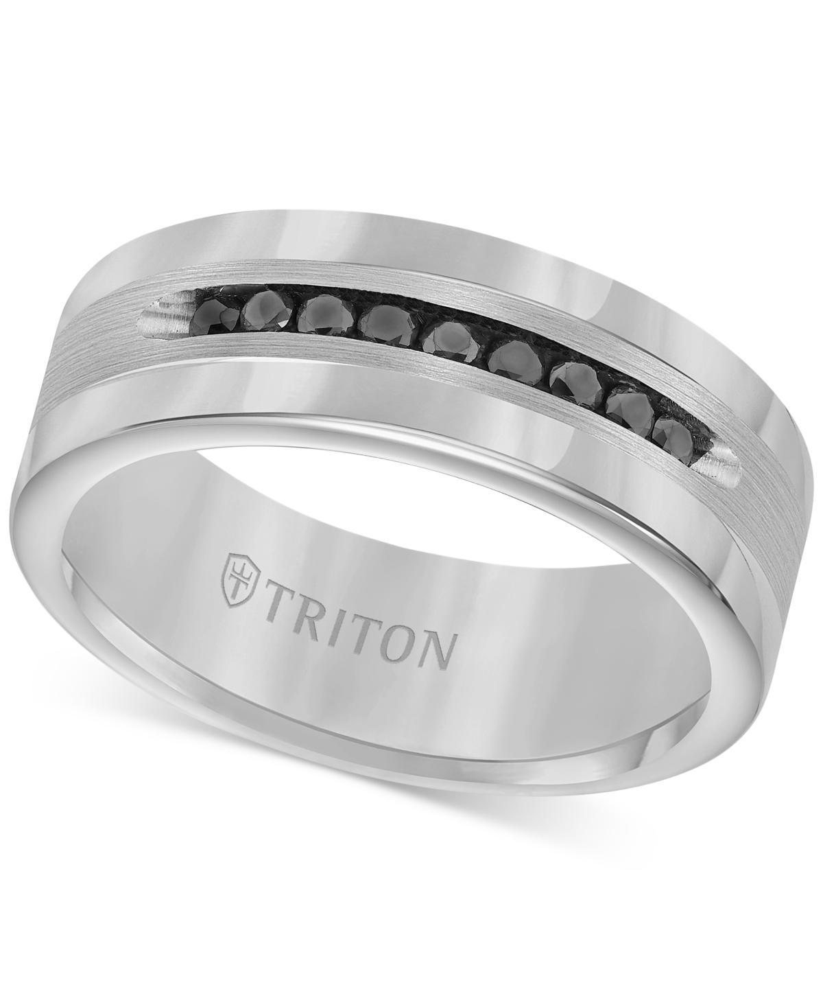 Triton Mens Tungsten and Sterling Silver Ring, Channel-Set Black Diamond Accent Wedding Band Product Image