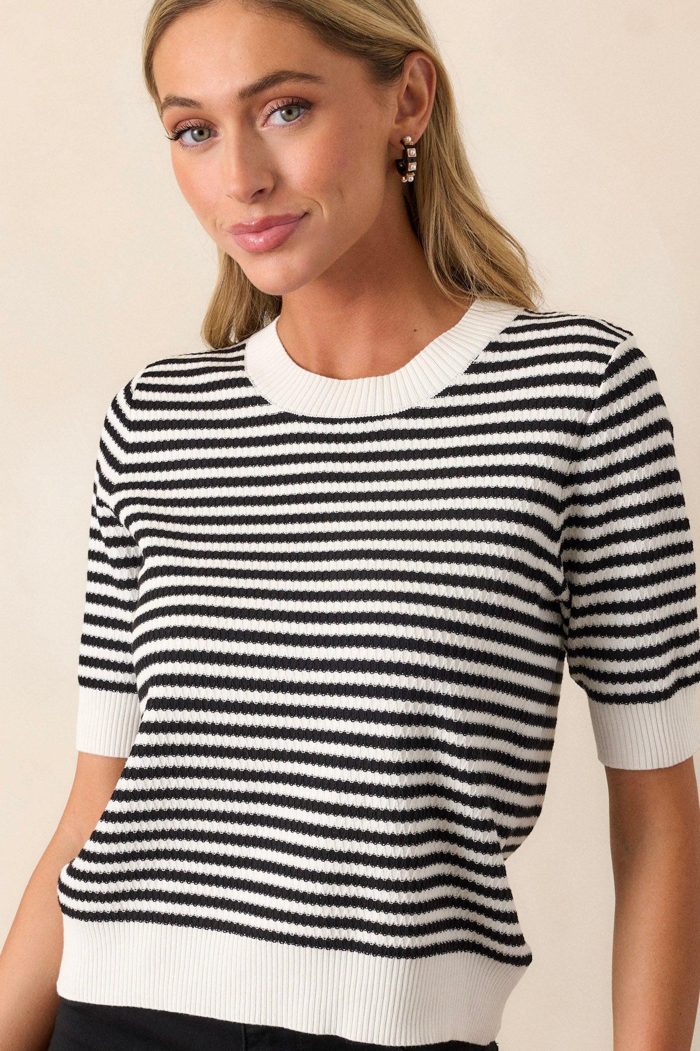 I'm Okay With That Black Stripe Short Sleeve Knit Top Product Image