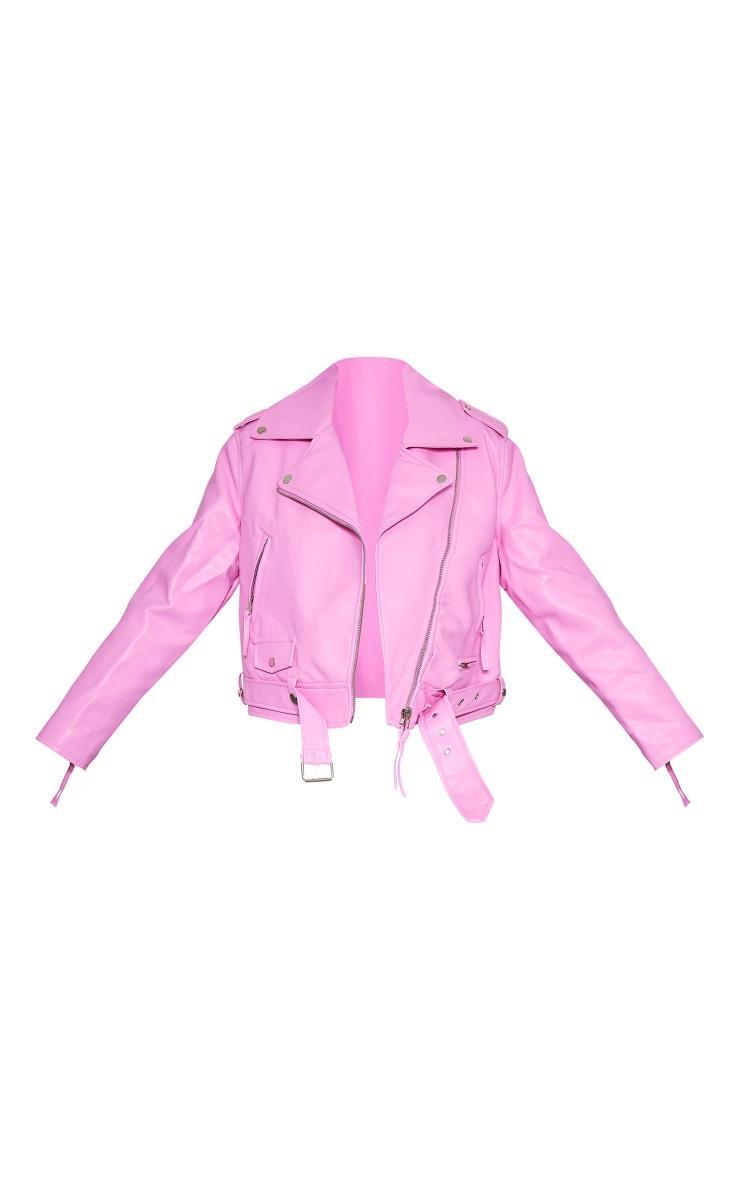 Pink Oversized Faux Leather Quilted Biker Jacket Product Image