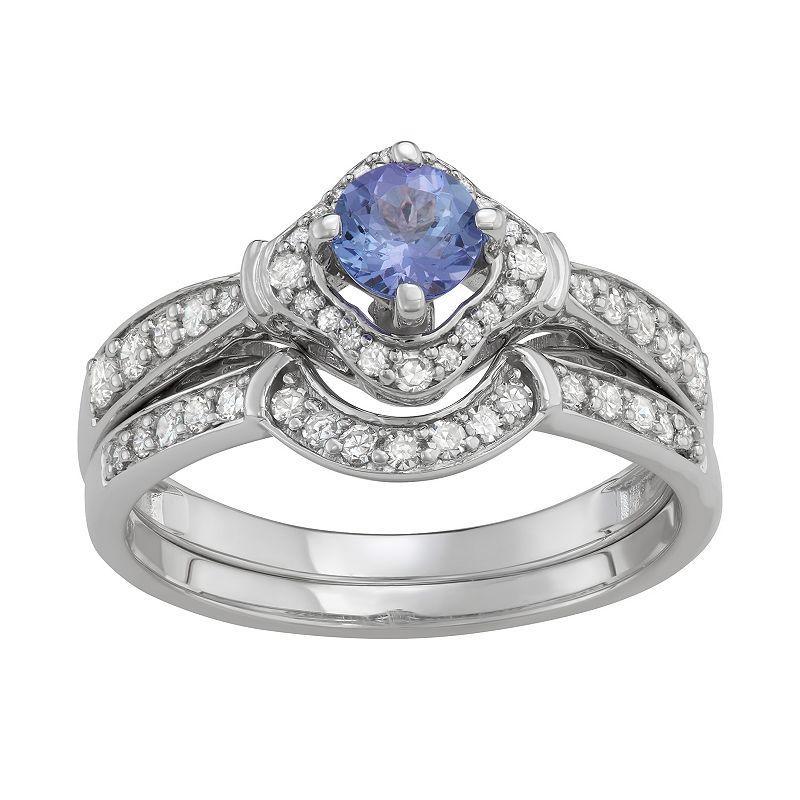 14k White Gold 1/2 Carat T.W. Diamond & Gemstone Halo Engagement Ring Set, Womens Tanzanite Product Image