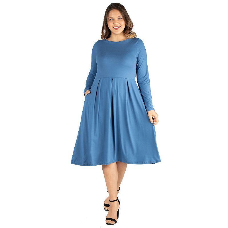 Plus Size 24seven Comfort Apparel Long Sleeve Fit and Flare Midi Dress, Womens Blue Product Image