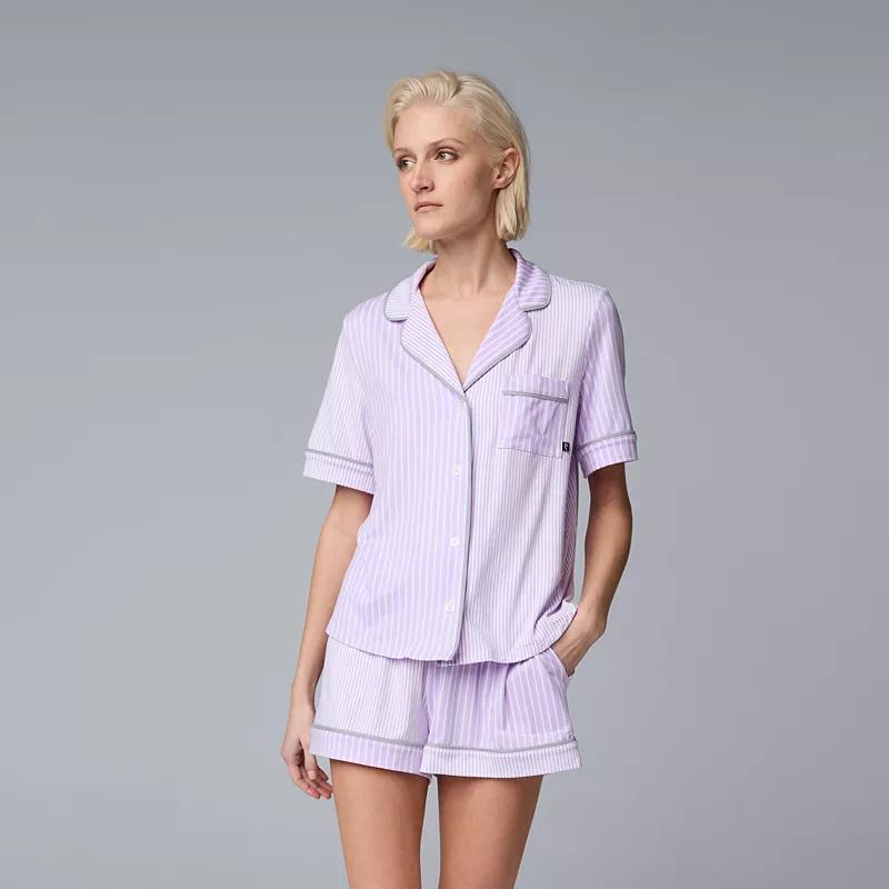 Womens Simply Vera Vera Wang Cozy Short Sleeve Notch Collar Pajama Top & Pajama Boxer Shorts Set Green Product Image