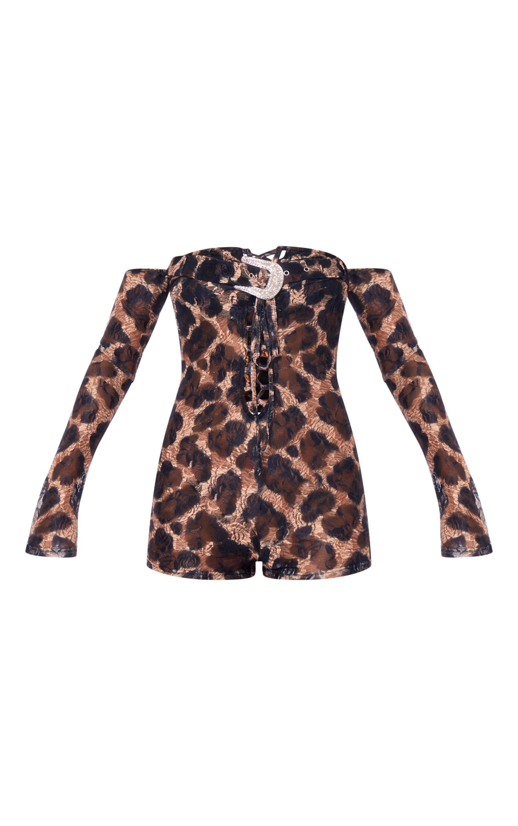 Leopard Print Belt Lace Up Long Sleeve Bardot Romper Product Image