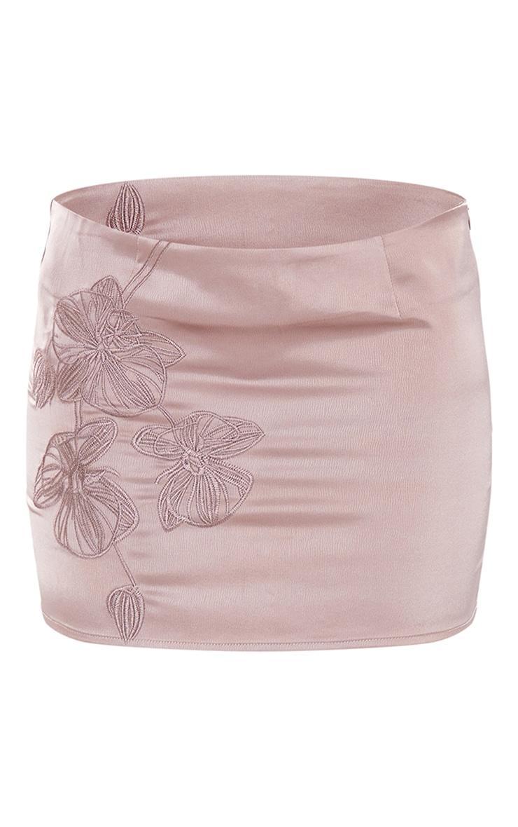 Taupe Satin Floral Embroidered Low Rise Mini Skirt Product Image