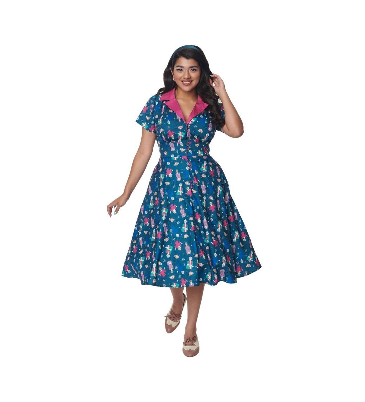 Unique Vintage Womens The Golden Girls Teal & Pink All Over Print Swing Dress - Turquoise product image