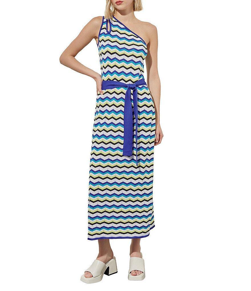 Ming Wang Soft Knit Chevron Print Sleeveless One Shoulder Maxi Column Dress Product Image