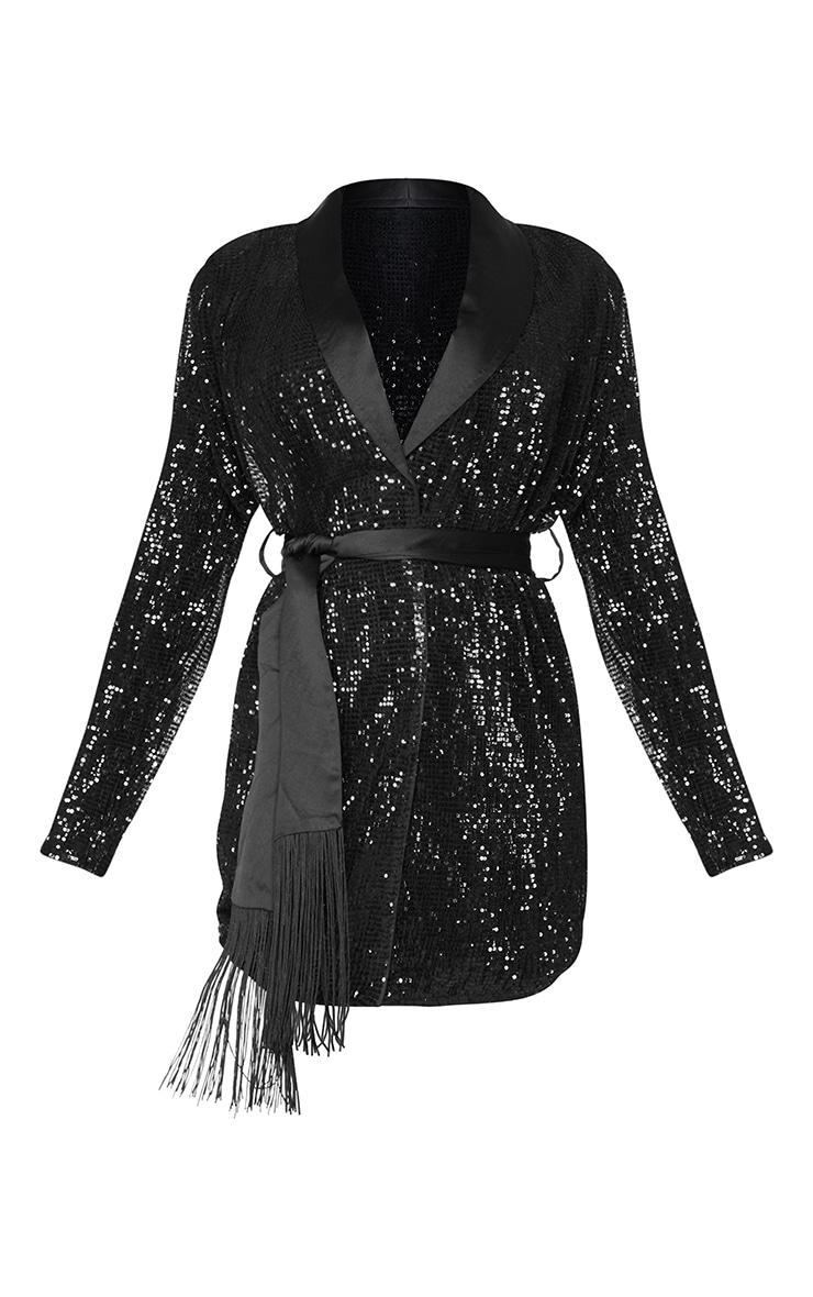 Black Sequin Tassel Tie Detail Blazer Dress Product Image