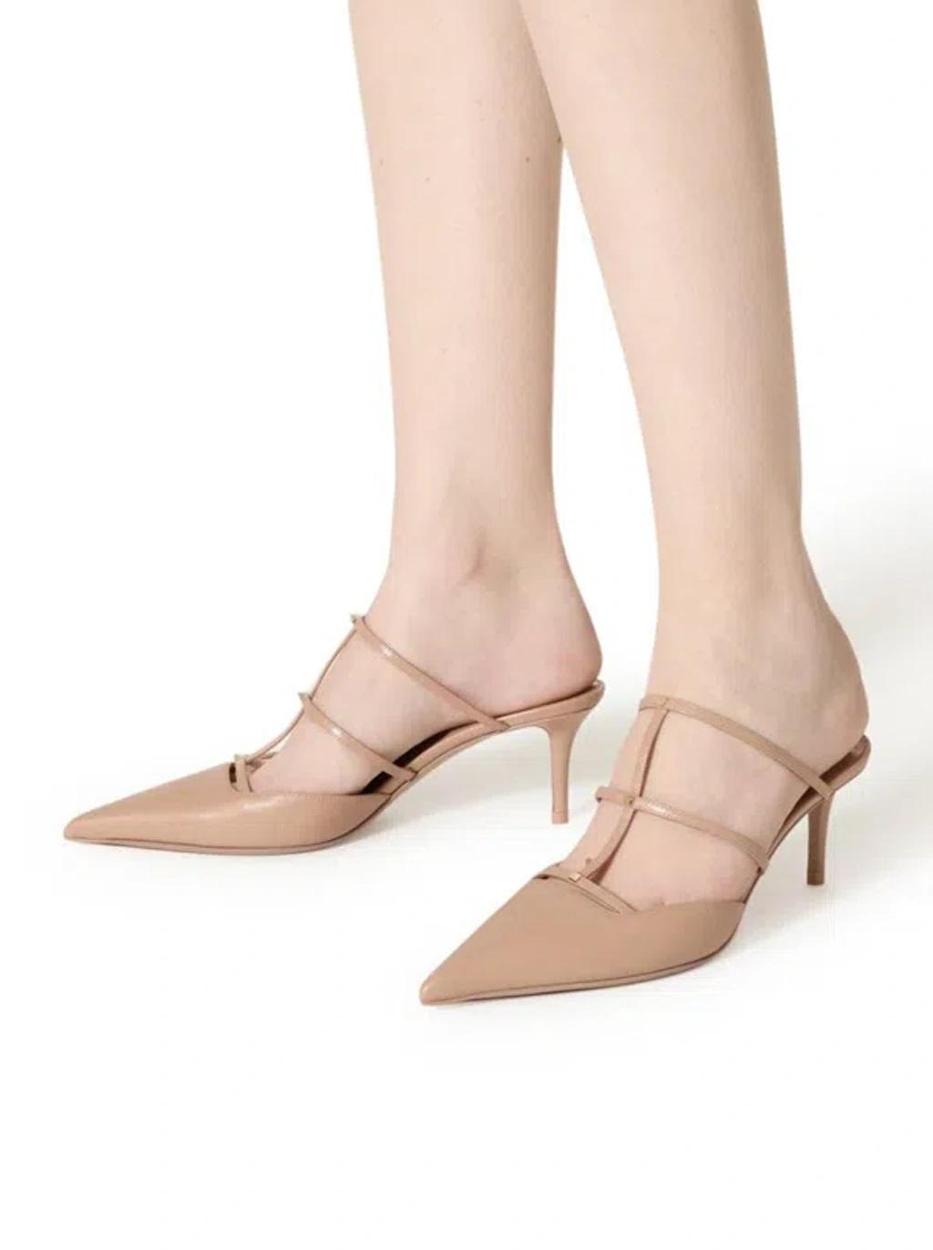 Women's Leather Studded High Heel Mules In Nude & Neutrals Product Image