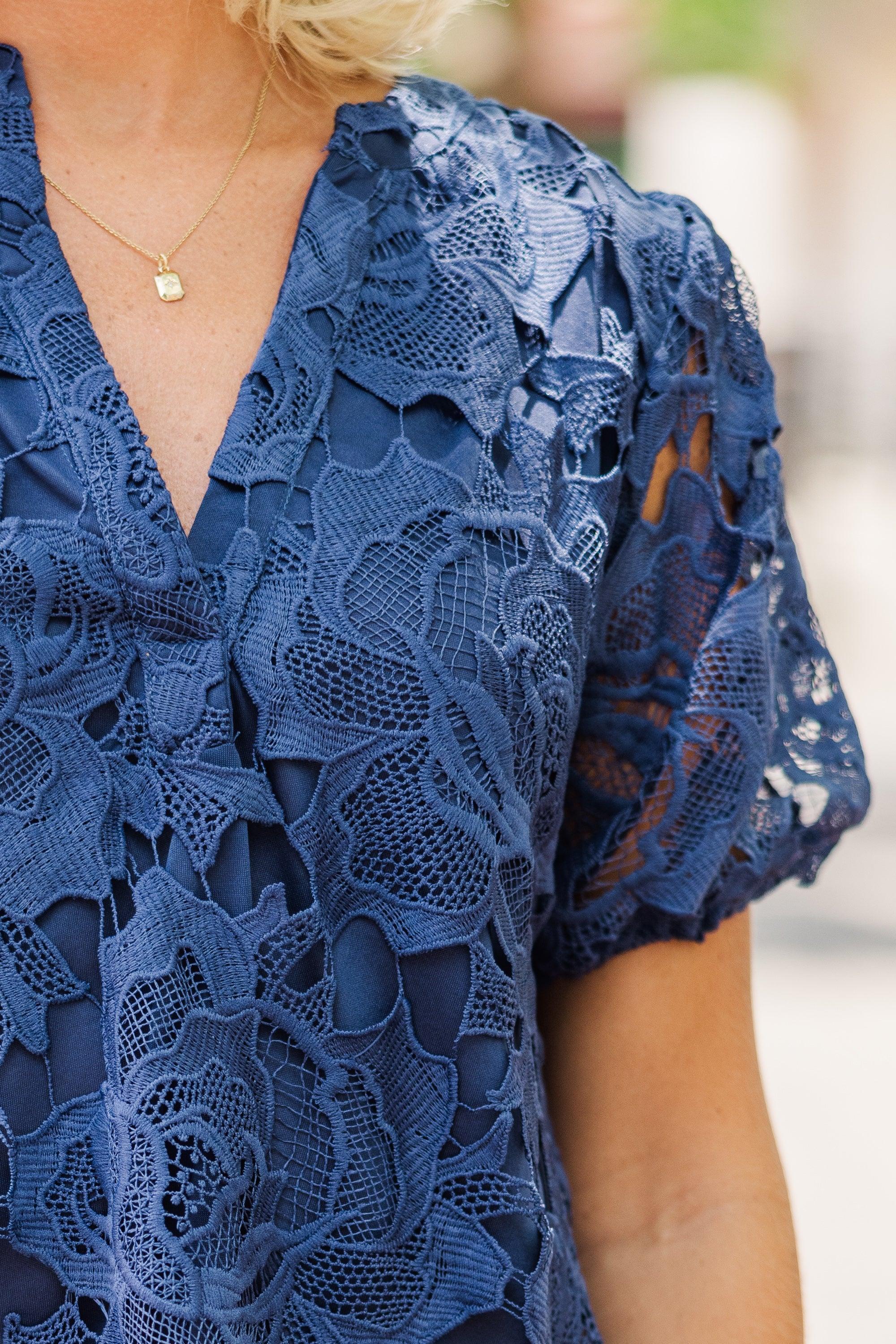 Detailed Dreams Navy Blue Lace Blouse Female Product Image