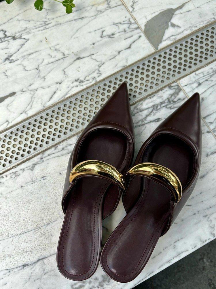 Chunky Heel Pointed Toe Metal Accent Faux Leather Mules Product Image