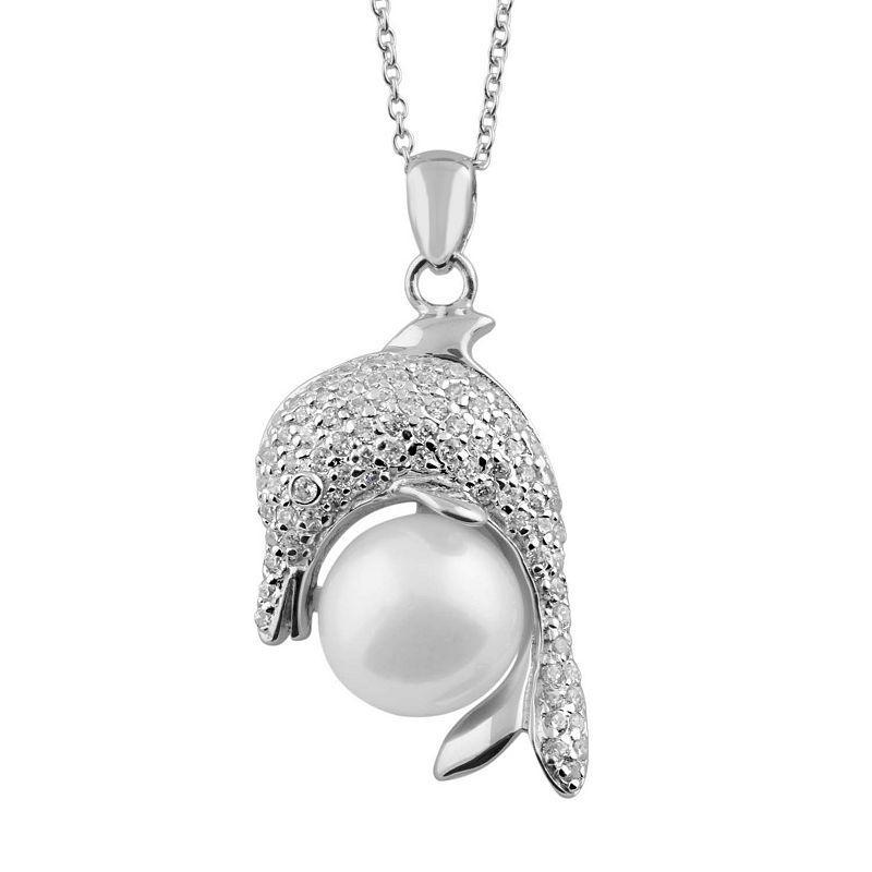 Sterling Silver Freshwater Cultured Pearl & Cubic Zirconia Dolphin Pendant, Womens Silvertone Product Image