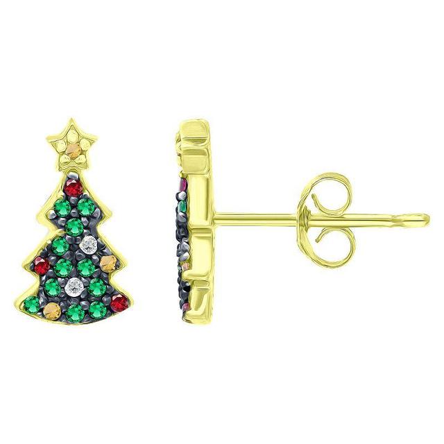 Aleure Precioso Sterling Silver Cubic Zirconia Christmas Tree Stud Earrings, Womens, Gold Tone Green Product Image