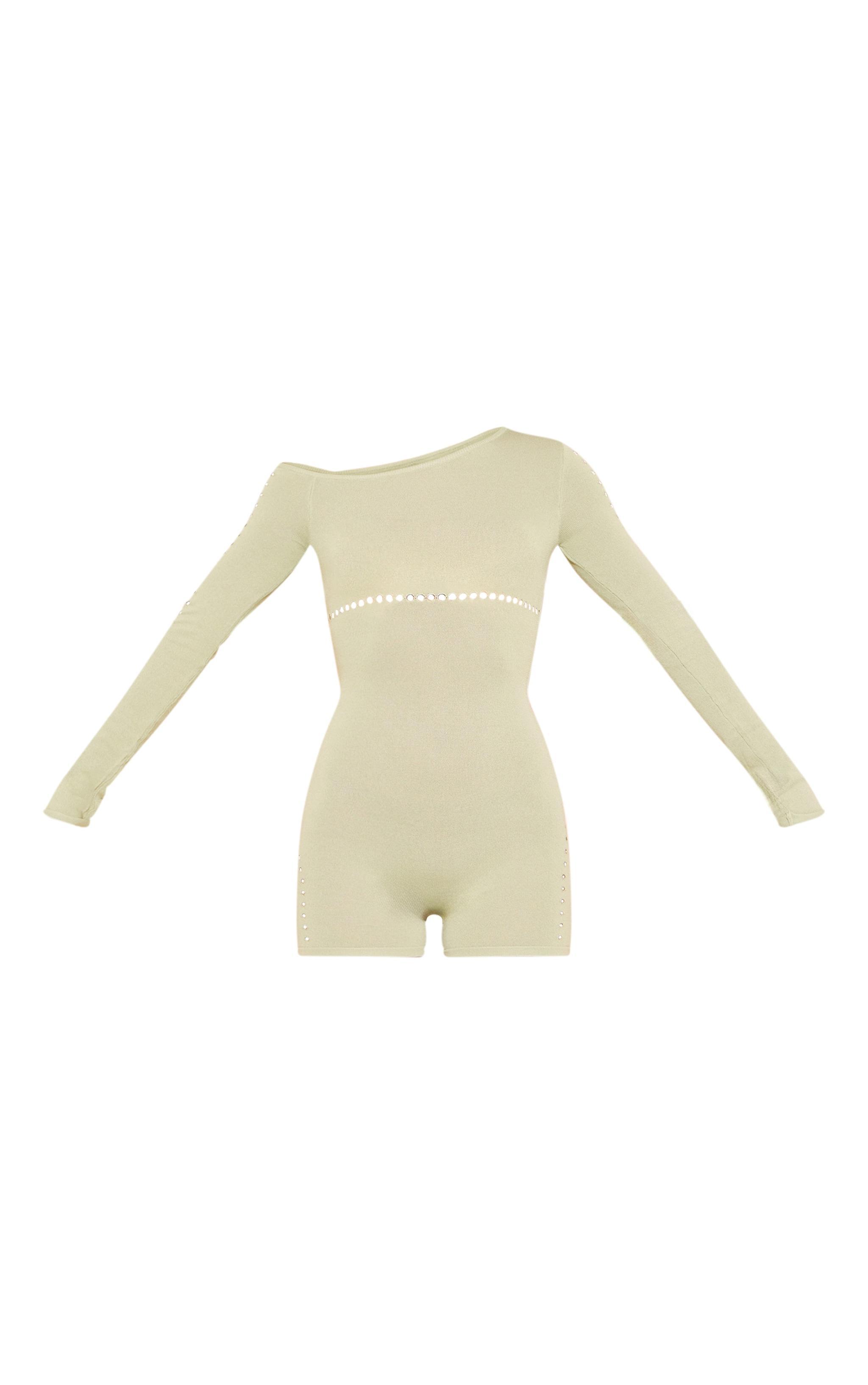 Sage Green Sheer Knit Cut Out Detail Romper Product Image