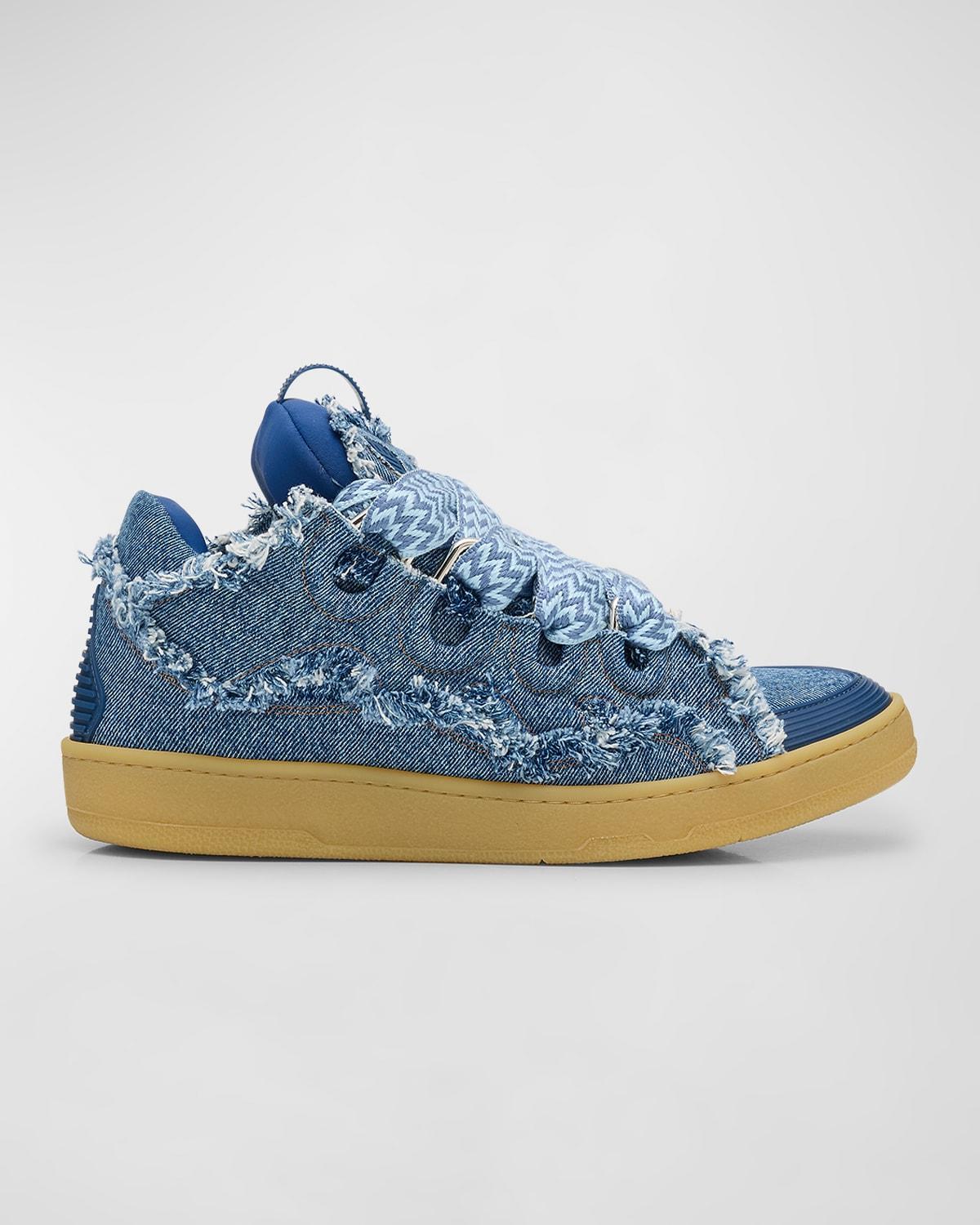 Lanvin Mens Curbed Frayed Denim Low Top Sneakers Product Image