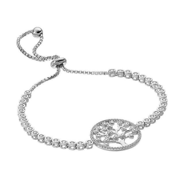 Sterling Silver Cubic Zirconia Tree of Life Bolo Bracelet, Womens White Product Image