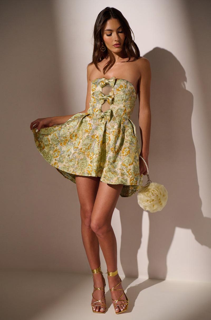 BELLE OF THE BALL BROCADE MINI DRESS IN GREEN MULTI Product Image