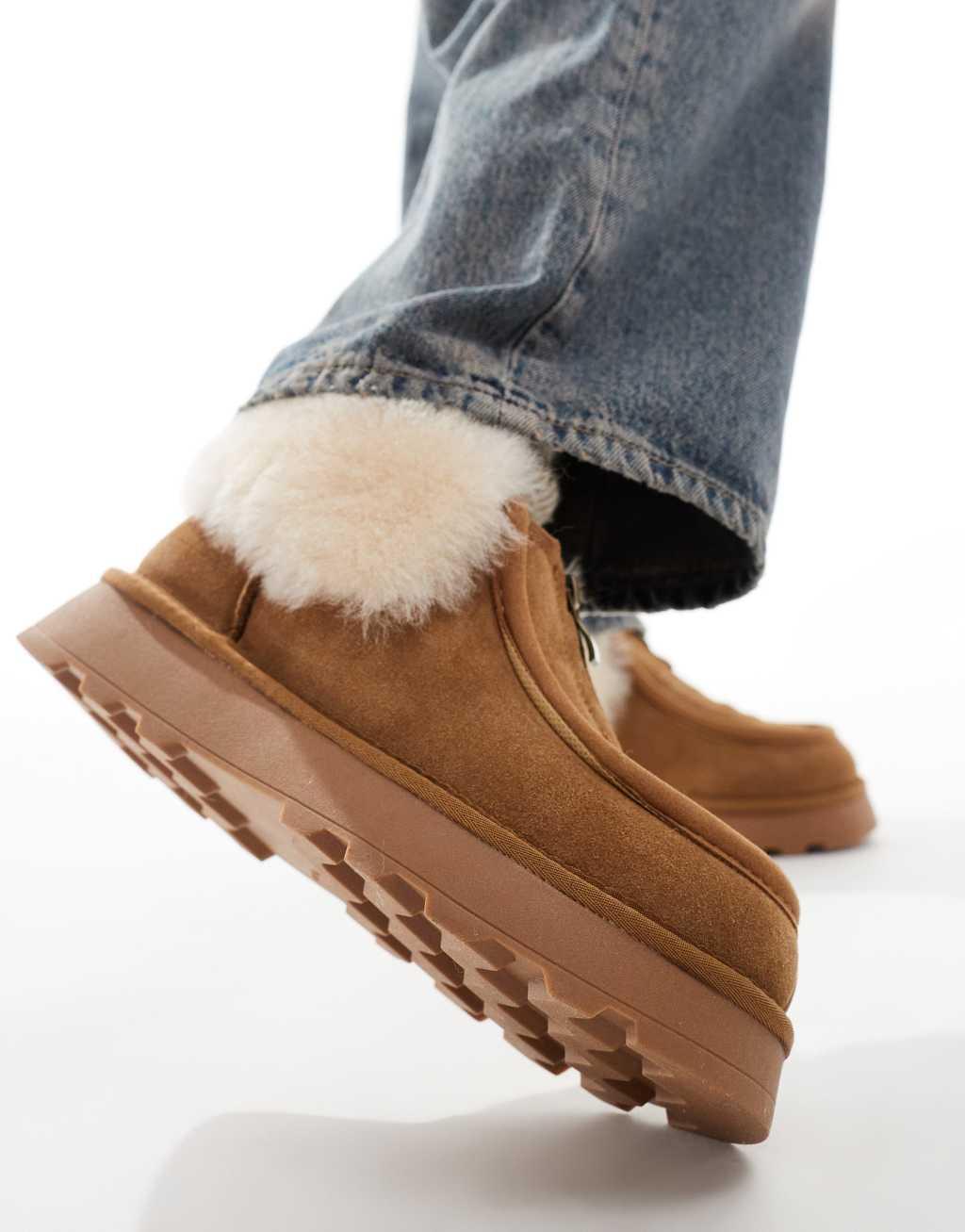 South Beach Real Sheepskin Zip Up Ankle Boots in Chestnut Product Image