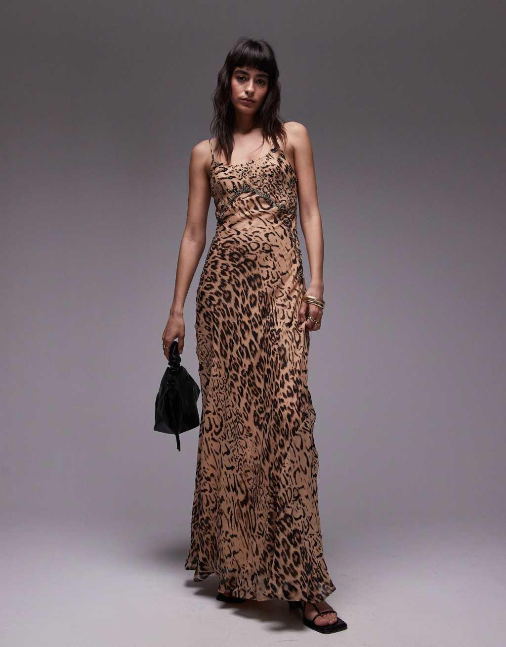 Topshop animal embellished maxi slip dress in brown Product Image