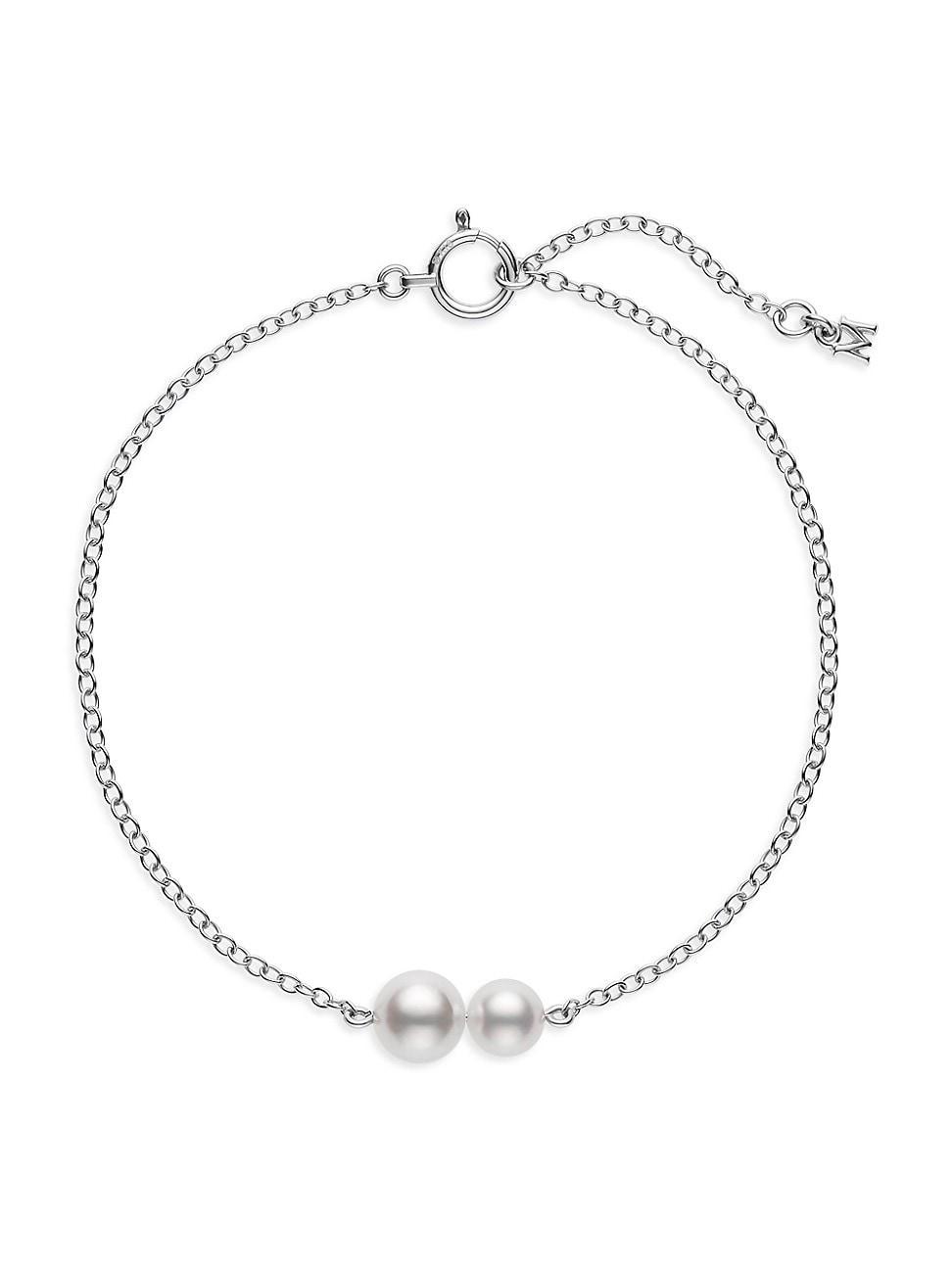 Womens 18K White Gold & 5MM Round White Akoya Cultured Pearl Station Bracelet Product Image